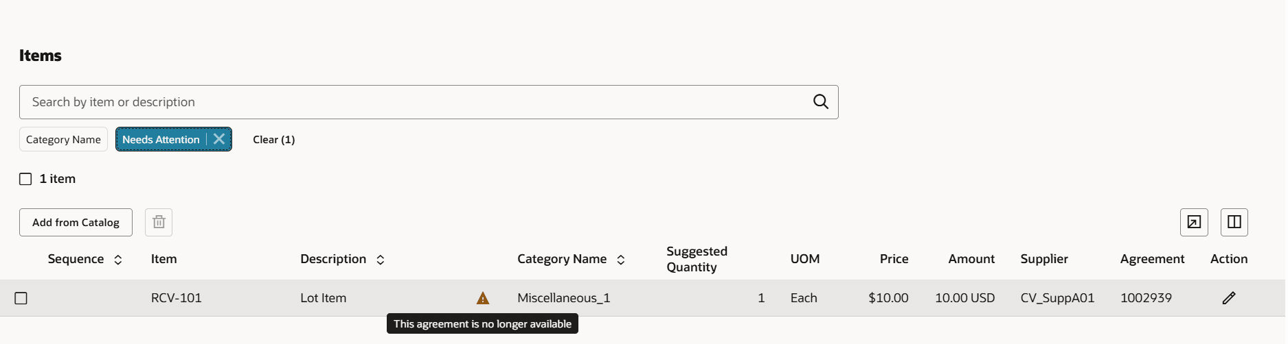 Alert Indicating Lines With Inactive Agreements