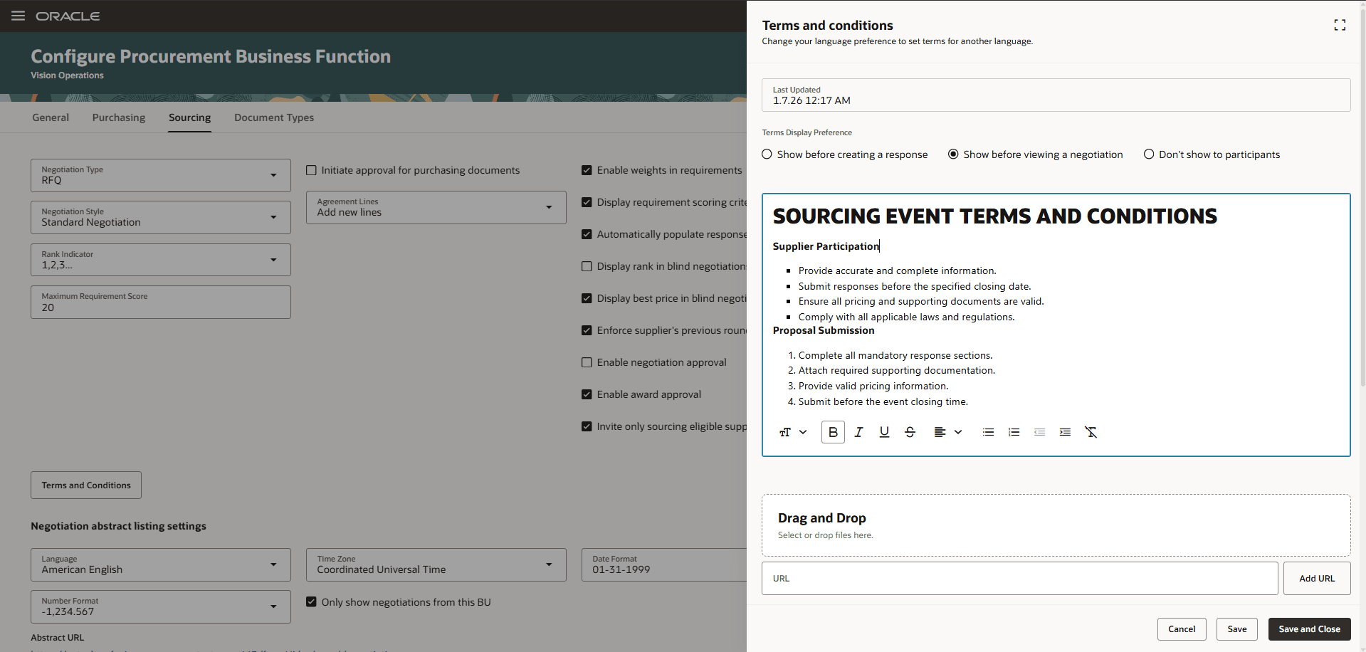 Define Sourcing Terms and Conditions