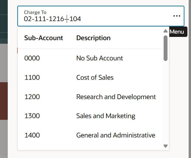 Enter a New Charge Account Combination Directly in the Search Field