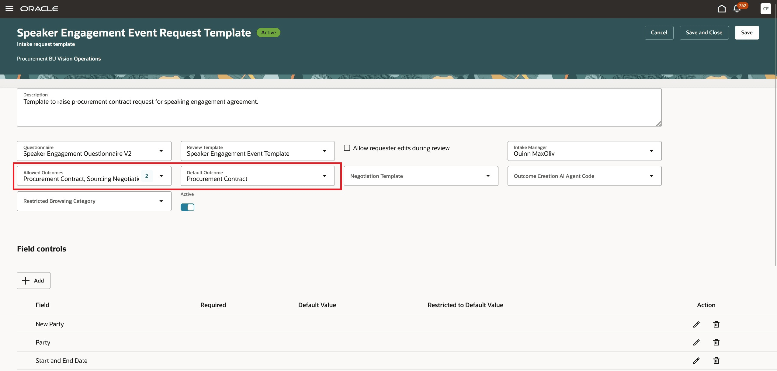 Intake request template edit page