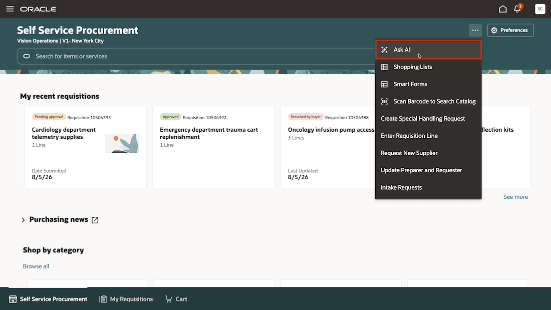 Initiate chat with procurement request concierge using Ask AI