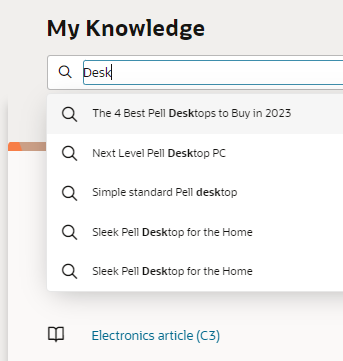 Screen capture of a search box on the My Knowledge platform, showing suggested articles appearing dynamically as the user types. A list of articles is displayed directly below the search box, offering clickable links that take users to the relevant article instantly.