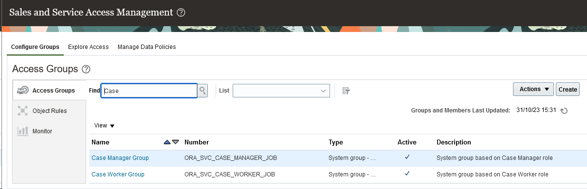 Screen capture showing the system menu with the 'Sales and Service Access Management' link, used by authorized administrators to enable Access Groups for Cases, which are disabled by default.