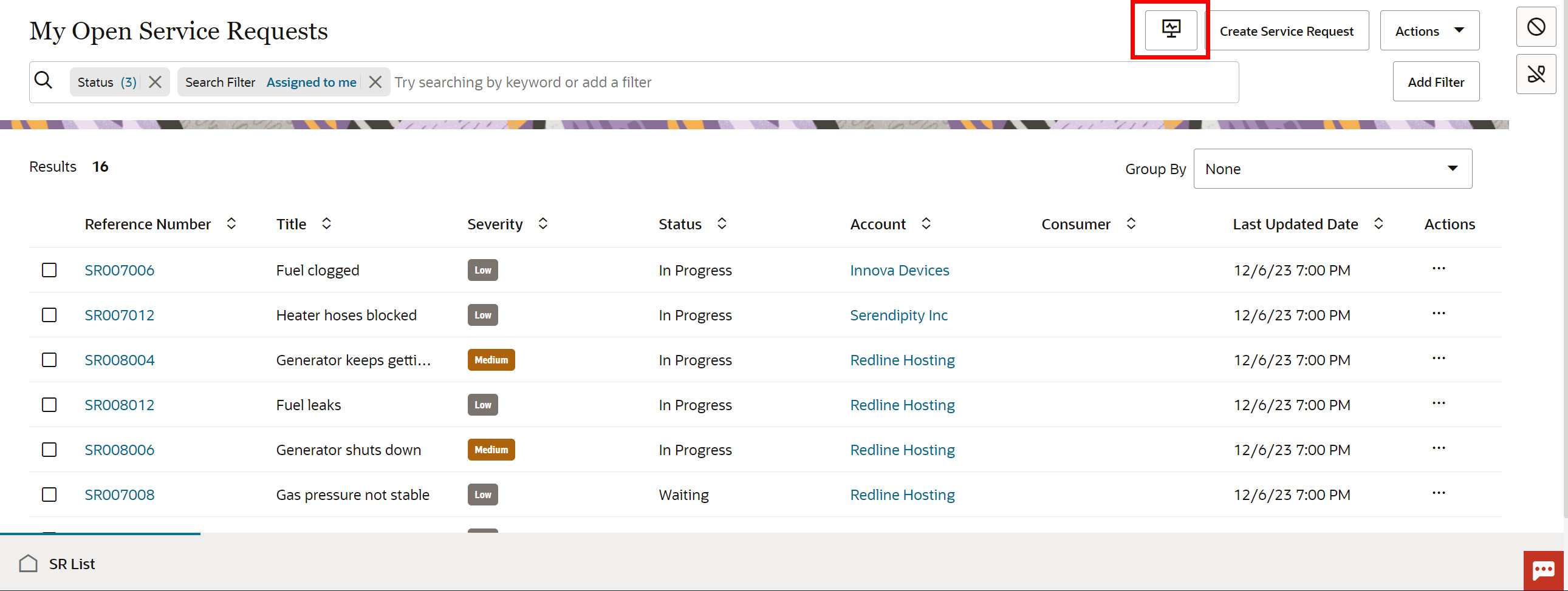 Screen capture of the SR List page, highlighting the shortcut icon to the Service Dashboard. Deploying companies now have the option to remove this icon, preventing agents from quickly accessing the Service Dashboard from the list page.