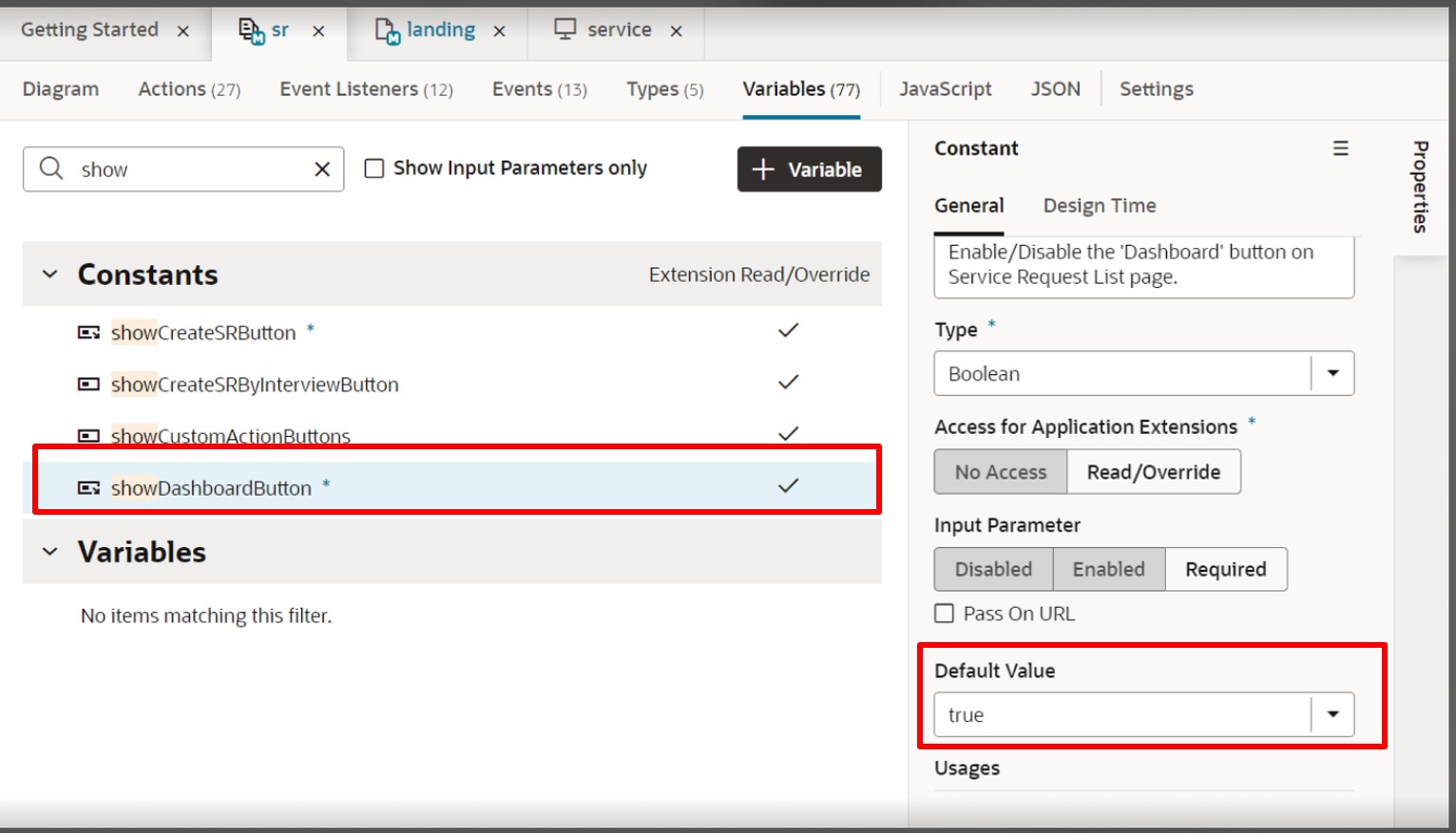 Screen capture showing the form to remove the Service Dashboard shortcut button from the SR list page.