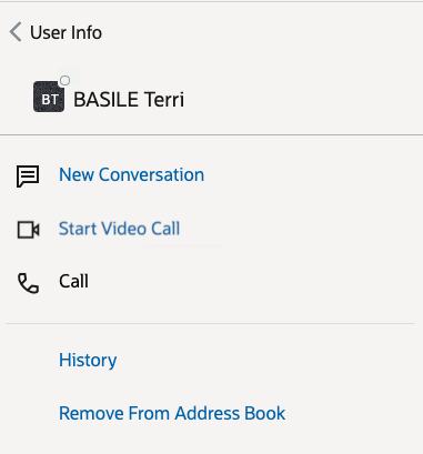 Screenshot displaying the 'User Info' section, showing that the video call option is available in one-to-one chats, between help desk operators and field resources, between help desk operators, or from the user info of a participant in a conference.
