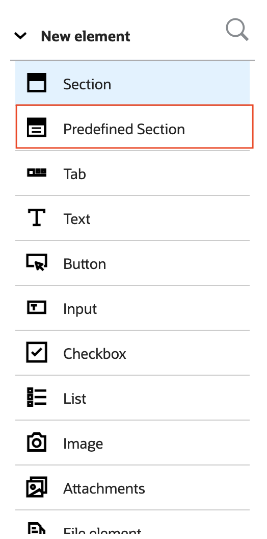Screenshot showing the introduction of a new element called 'Predefined Section,' which can be added to the elements panel in the 'Edit/View Activity' screen configuration.
