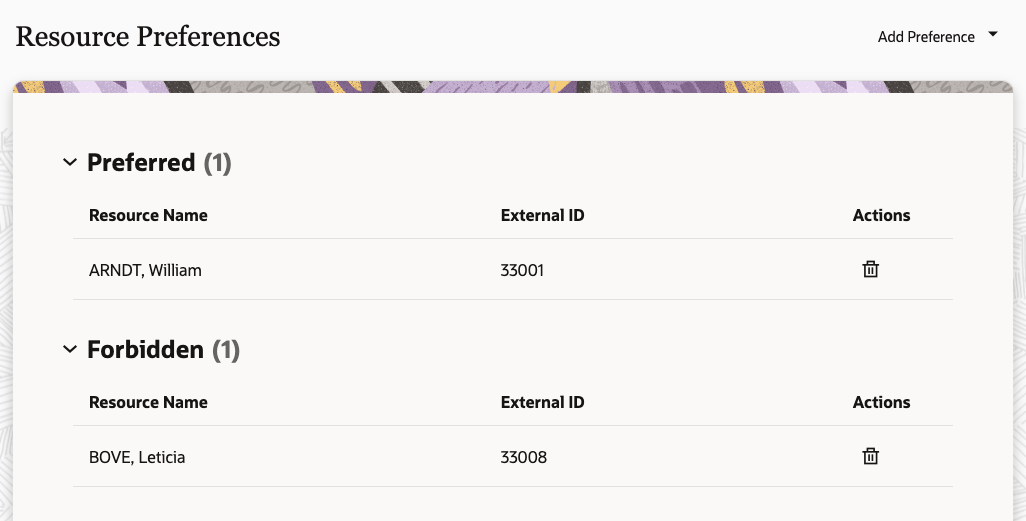 Screenshot illustrating that clicking on the 'Resource Preferences' title directs users to the existing Resource Preferences screen, where they can add or modify preferences, maintaining current functionality.
