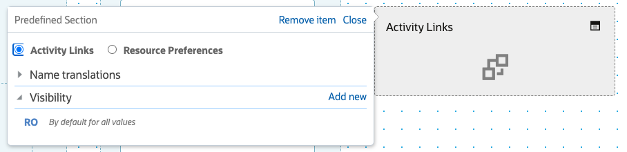 Screenshot demonstrating how to add the 'Predefined Section' element by dragging and dropping it into the desired location on the activity screen. Users can choose between 'Activity Links' or 'Resource Preferences' when adding the section. If translations are enabled, they will be auto-populated and can be modified as needed.
