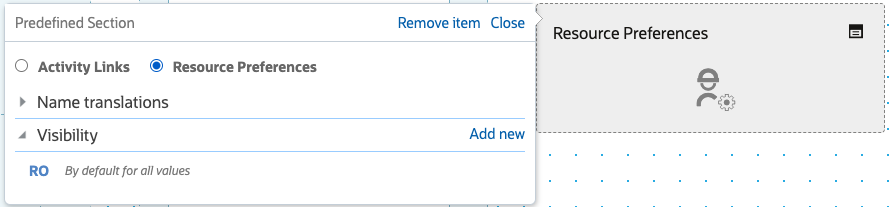 Screenshot demonstrating how to add the 'Predefined Section' element by dragging and dropping it into the desired location on the activity screen. Users can choose between 'Activity Links' or 'Resource Preferences' when adding the section. If translations are enabled, they will be auto-populated and can be modified as needed.