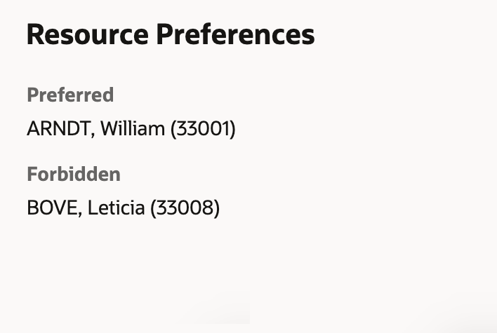 Screenshot showing the 'Resource Preferences' predefined section in the activity details screen, displayed similarly to 'Activity Links.' If set as Read-Only, this section will also be Read-Only and will include resource preferences grouped by Required, Preferred, and Forbidden.