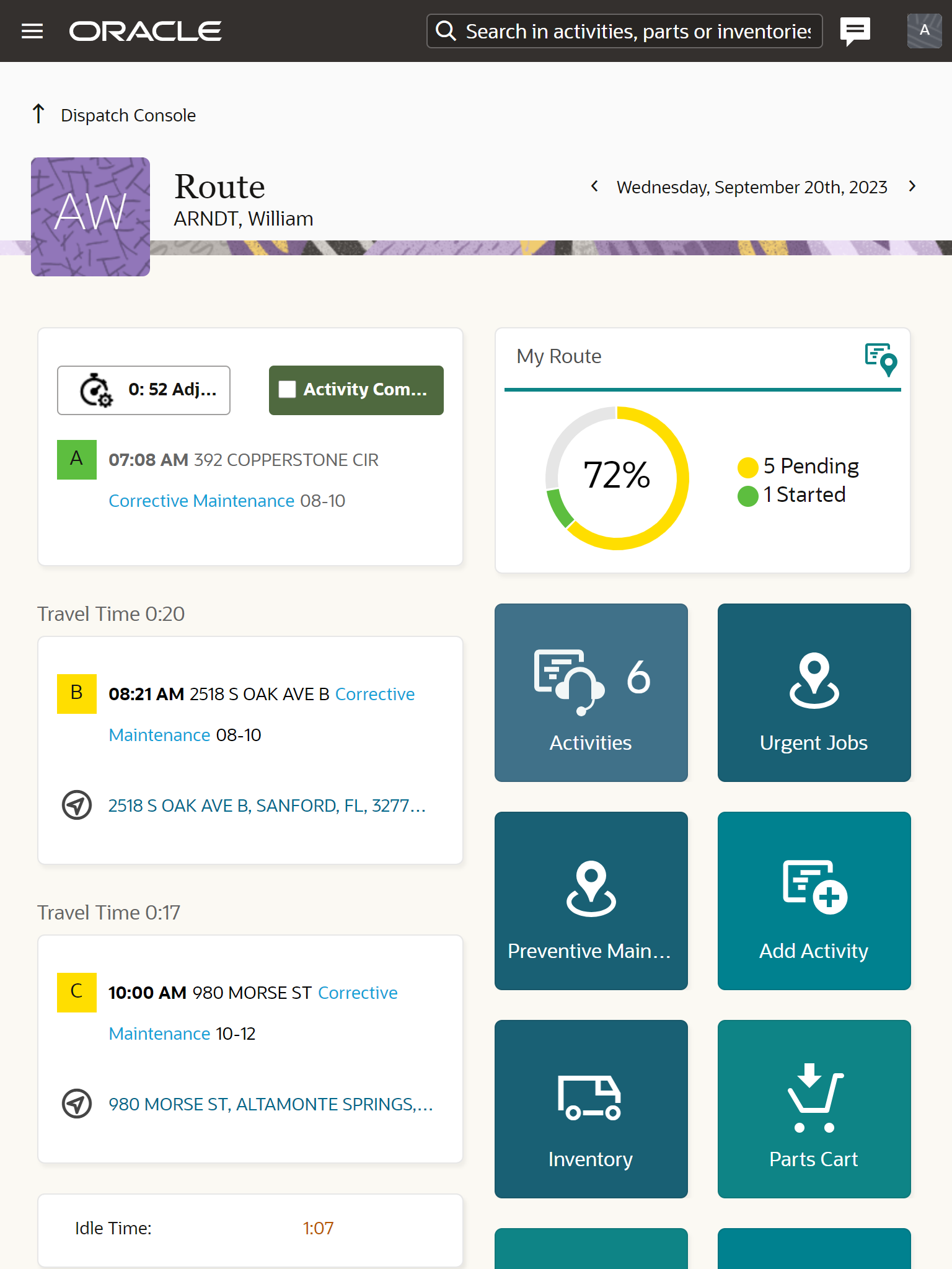 Screenshot illustrating the 'Nearby Activities' buttons, which can be configured with pre-defined or ad-hoc filters to limit displayed activities on the list and map. Multiple buttons can be set up to quickly launch different filter views, such as 'Urgent Activities,' 'High Priority Activities,' or combinations like 'Preventative Maintenance with Upcoming SLAs.