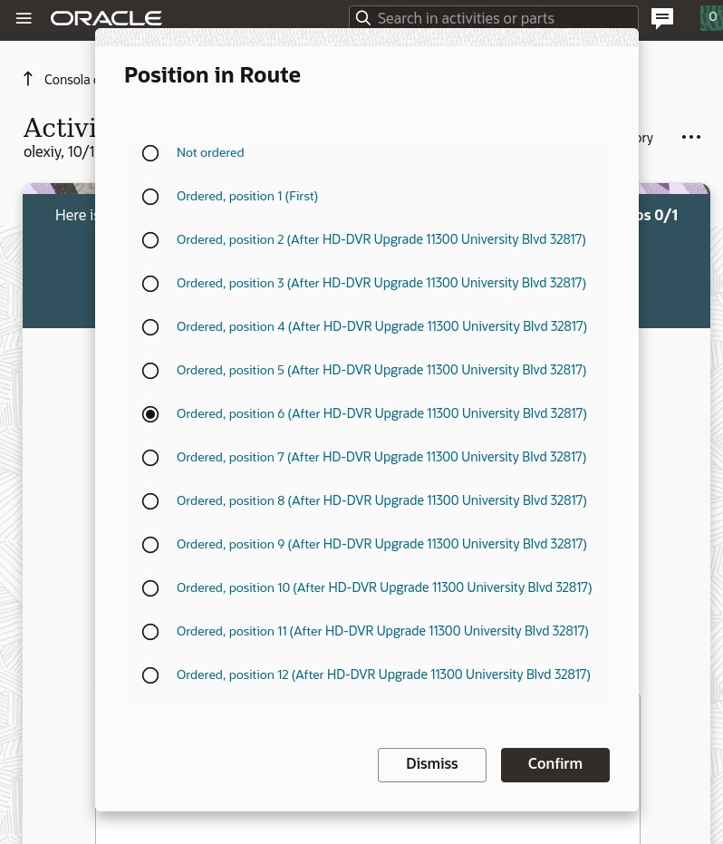 Screenshot showing the consistent visual design of the 'Position in Route' and 'Select Next Activity' screens, each displaying a list of activities with identifiers configured for the user type. For dispatchers, activities load in sets of 20, with more available by scrolling. For technicians, all activities for today's route are displayed in the list.