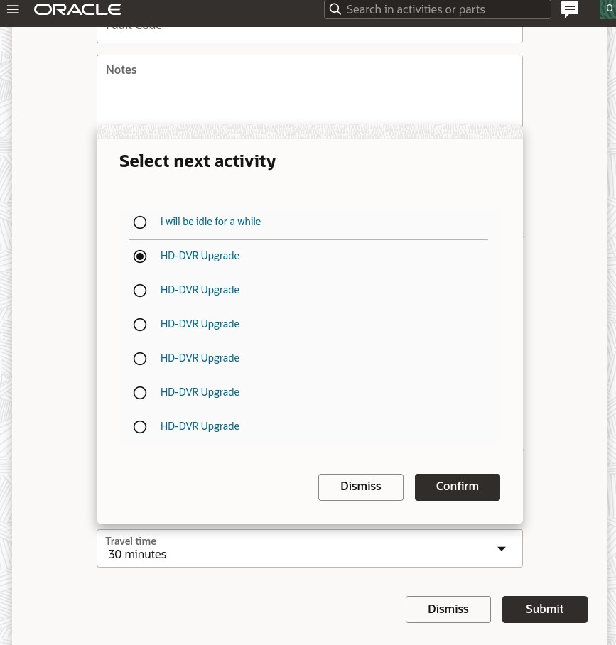 Screenshot showing the consistent visual design of the 'Position in Route' and 'Select Next Activity' screens, each displaying a list of activities with identifiers configured for the user type. For dispatchers, activities load in sets of 20, with more available by scrolling. For technicians, all activities for today's route are displayed in the list.