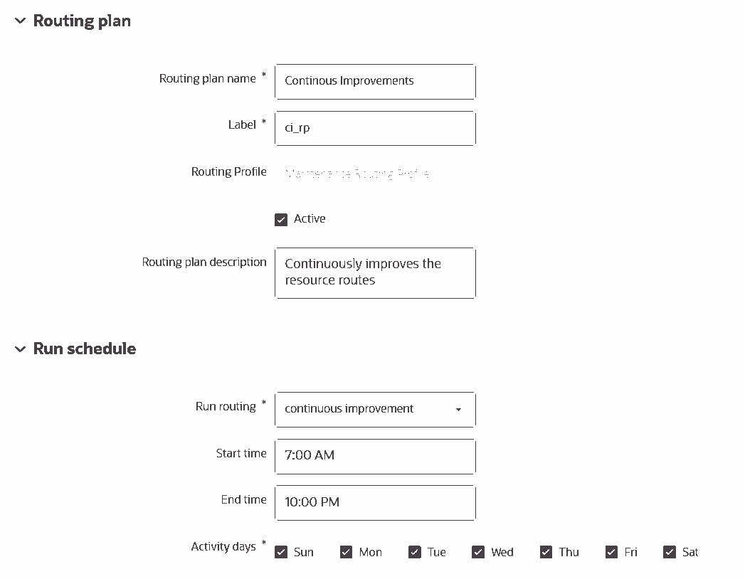 Screenshot displaying the routing plan form