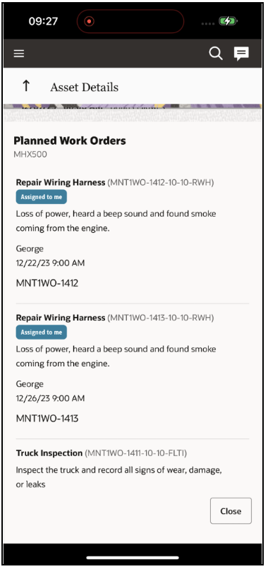 Screenshot showing that if there are more than two planned work orders, the 'Planned Work Orders' section includes a 'View All Work Orders (<count> more)' link. Clicking this link opens a full-page popup displaying all planned work orders within a specified date range, based on the 'plannedActivityMaxDays' plugin parameter.
