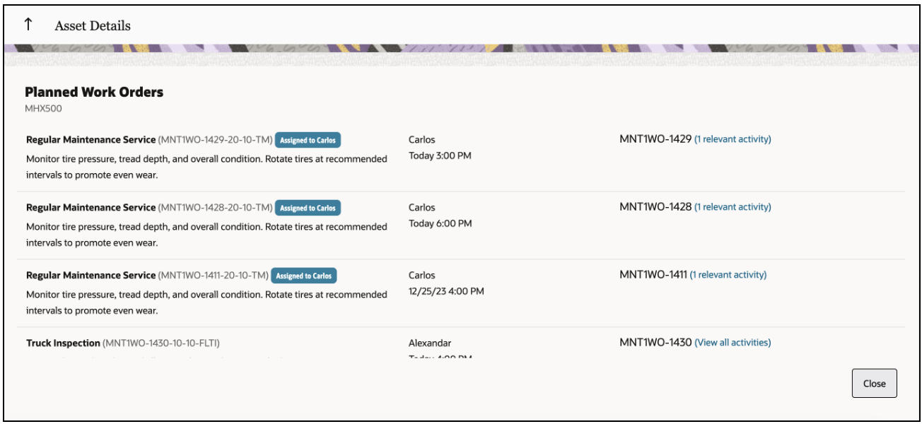 Screenshot showing that if there are more than two planned work orders, the 'Planned Work Orders' section includes a 'View All Work Orders (<count> more)' link. Clicking this link opens a full-page popup displaying all planned work orders within a specified date range, based on the 'plannedActivityMaxDays' plugin parameter.