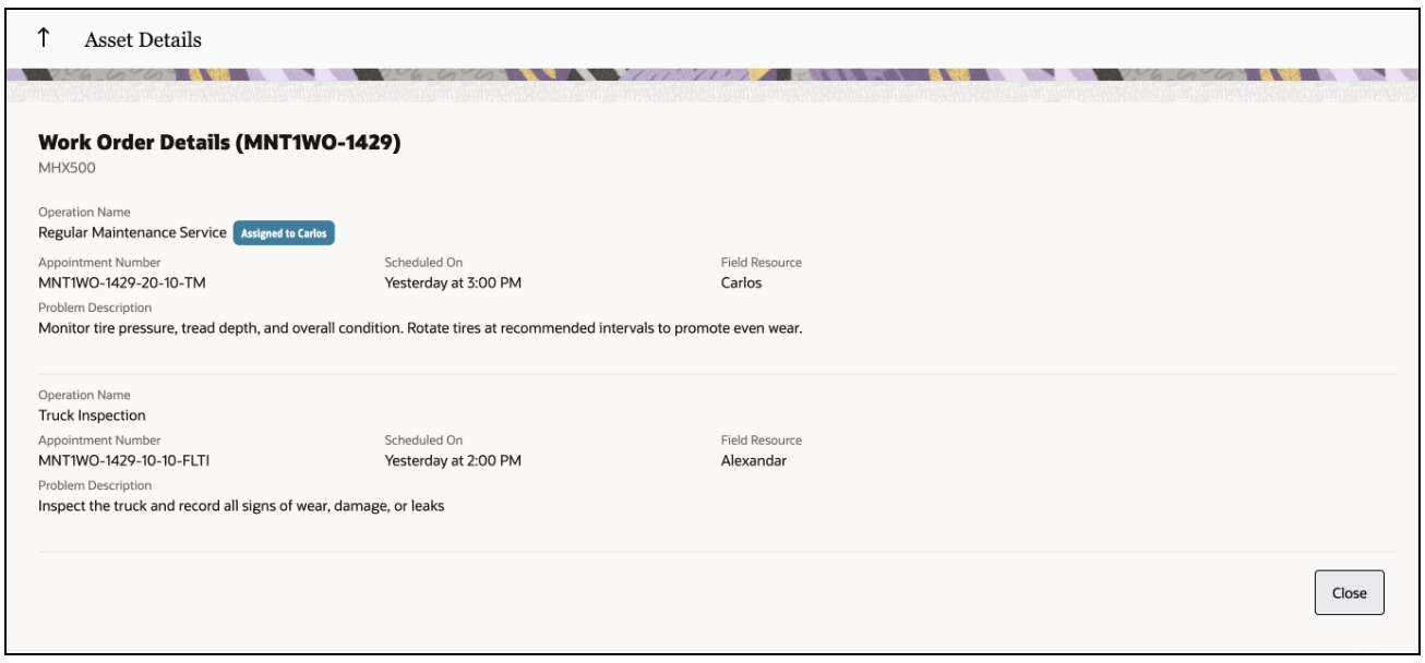 Screenshot illustrating that if a work order contains multiple activities, a clickable link near the work order number indicates '<relevantActivityCount> relevant activity/ies.' If there are no relevant activities, the link reads 'View all activities.' Clicking the link loads a page with details of all planned activities in the work order.