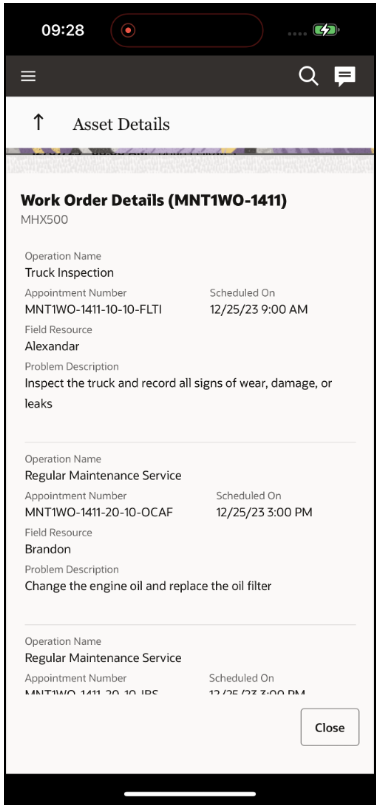Screenshot illustrating that if a work order contains multiple activities, a clickable link near the work order number indicates '<relevantActivityCount> relevant activity/ies.' If there are no relevant activities, the link reads 'View all activities.' Clicking the link loads a page with details of all planned activities in the work order.