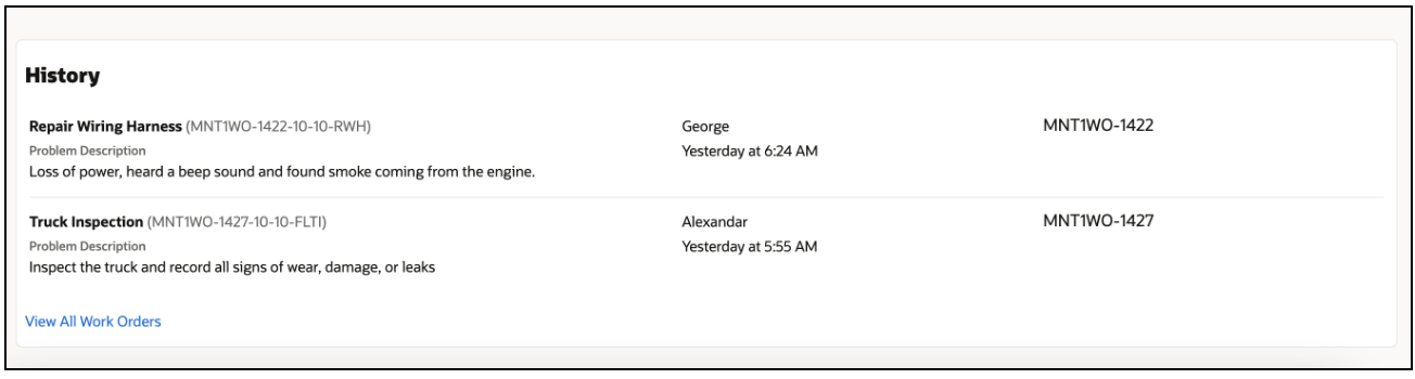 Screenshot of the 'History' section showing the two most recent work orders and a 'View All Work Orders' link.