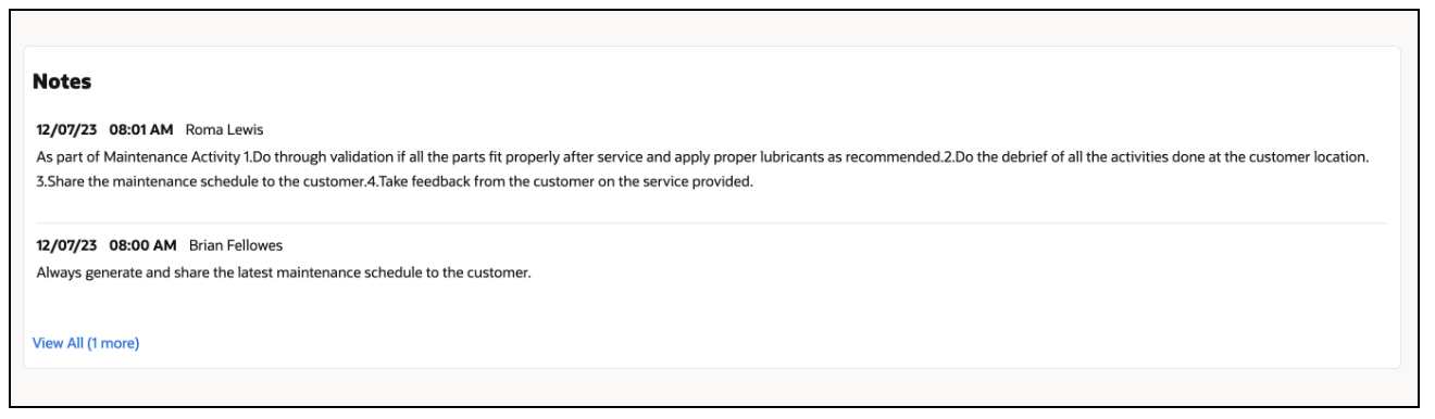 Screenshot showing the two most recent asset notes on the screen, followed by a 'View All' link and the total number of notes.