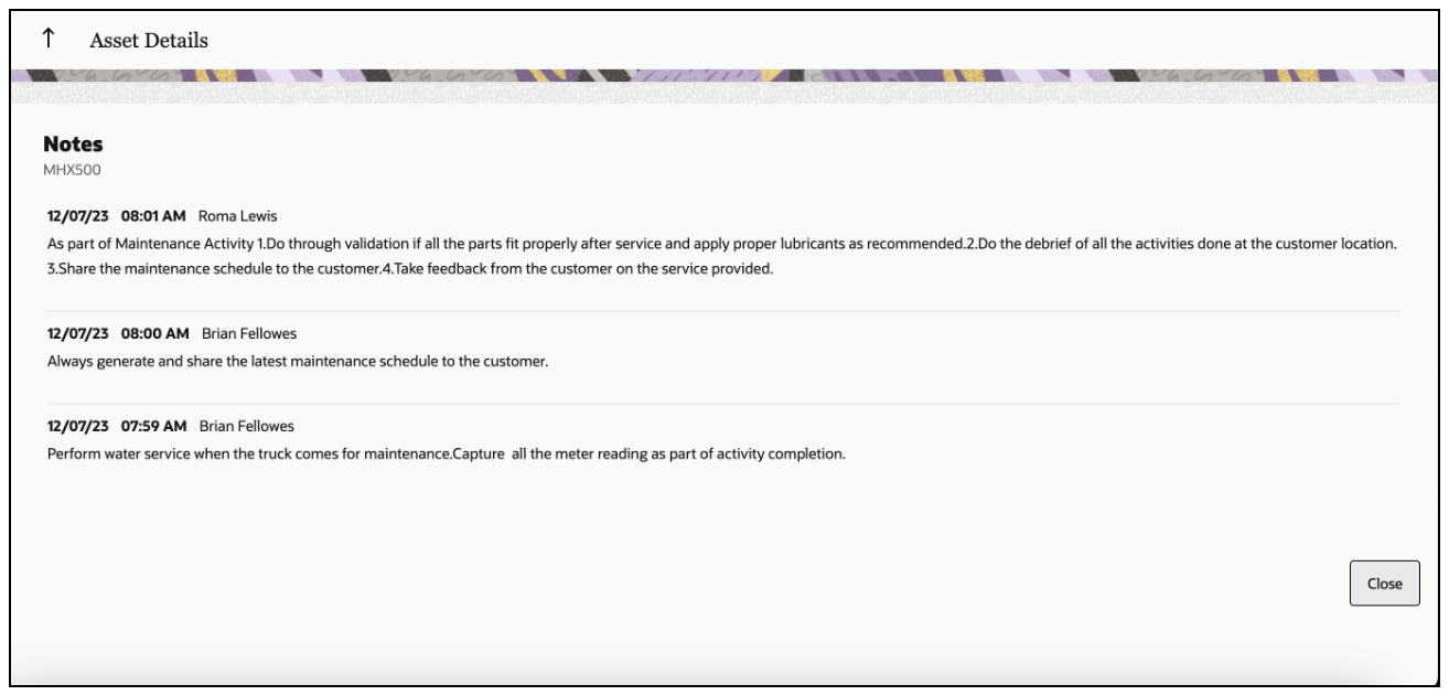 Screenshot illustrating the 'View All' link that grants access to all asset notes. The 'View All' screen displays a maximum of 15 notes.