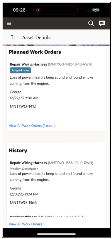 Screenshot of the 'Planned Work Orders' section, summarizing Maintenance Work Orders for the asset. In OFS, a work order may include multiple activities for various maintenance operations, with the most relevant activity highlighted in this section.