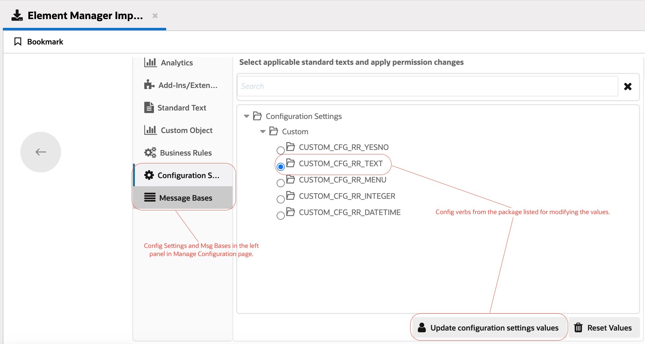 Configuration Settings and Message Base in Manage Config Page