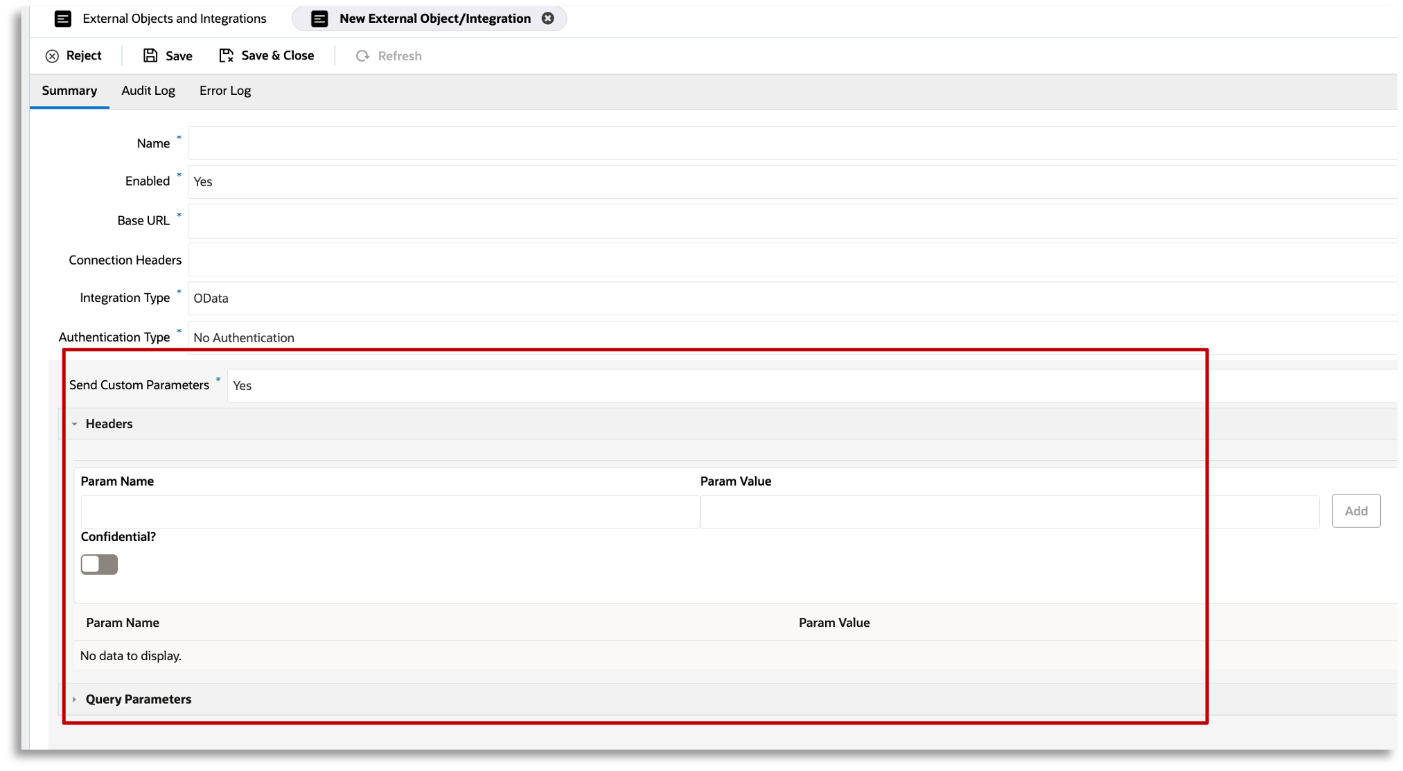 External Objects & Integration Configuration UI with Custom Parameters
