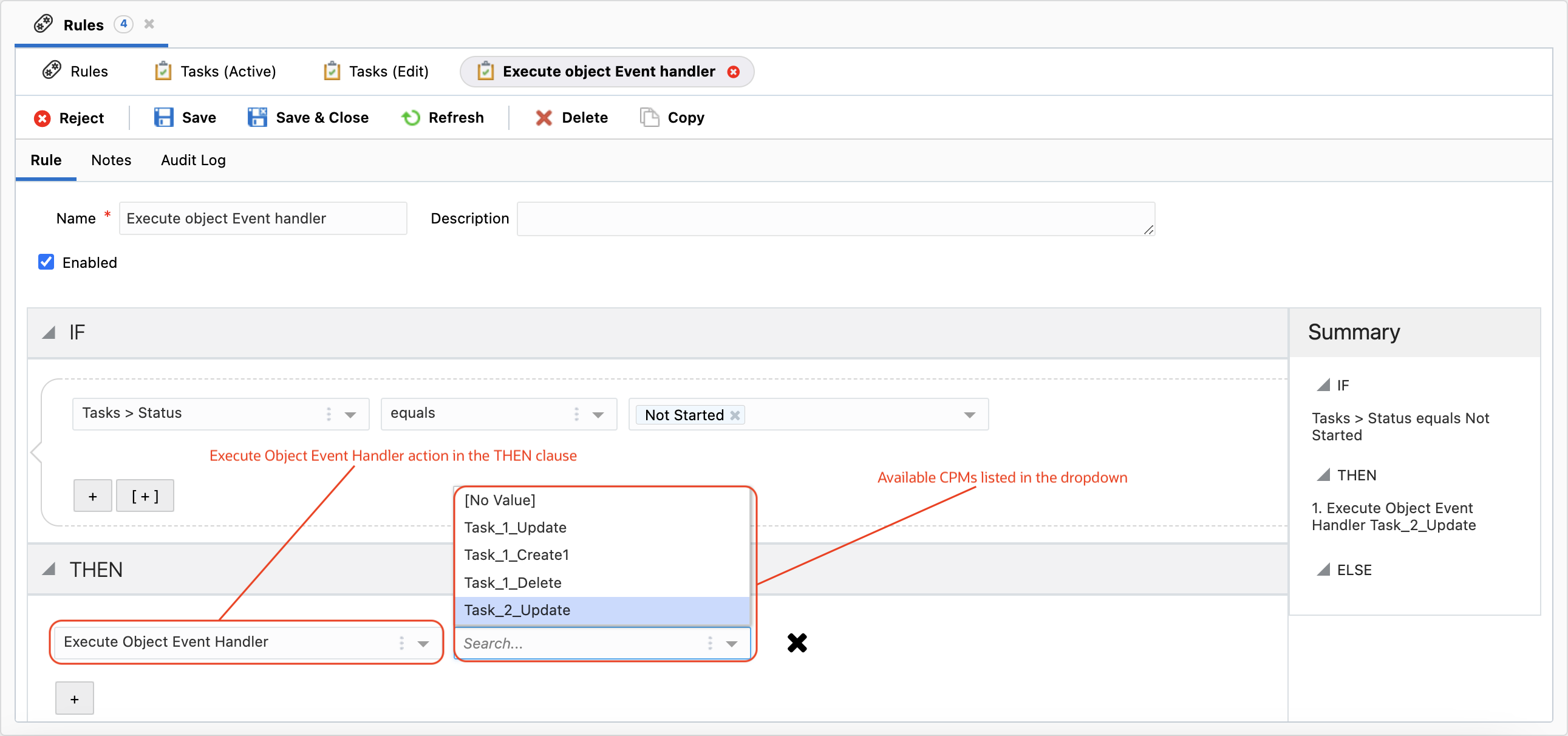 Execute Object Event Handler for Tasks
