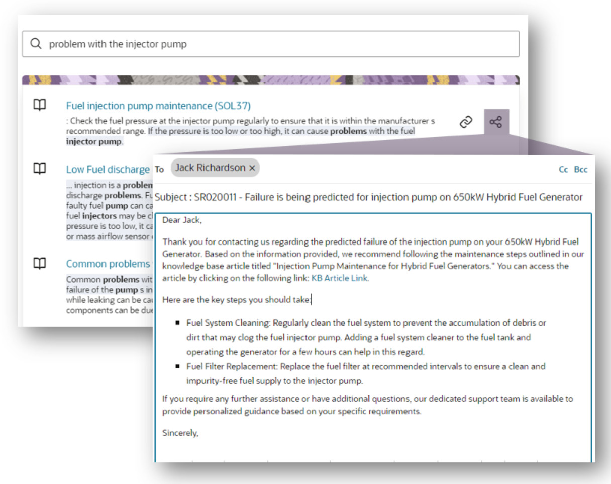 Example image of sharing a Knowledge Article and the automatic generation of an email