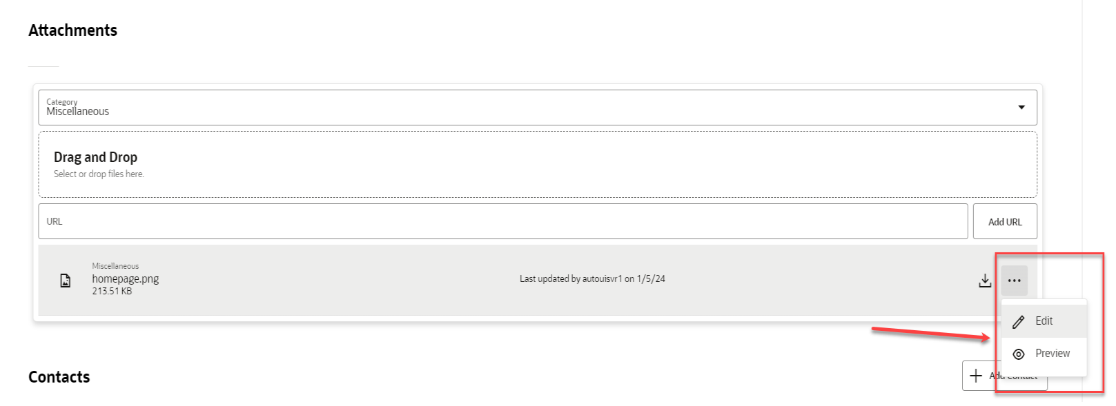 Image showing the action menu affected by Restricting the Remove Option from Service Request Attachments