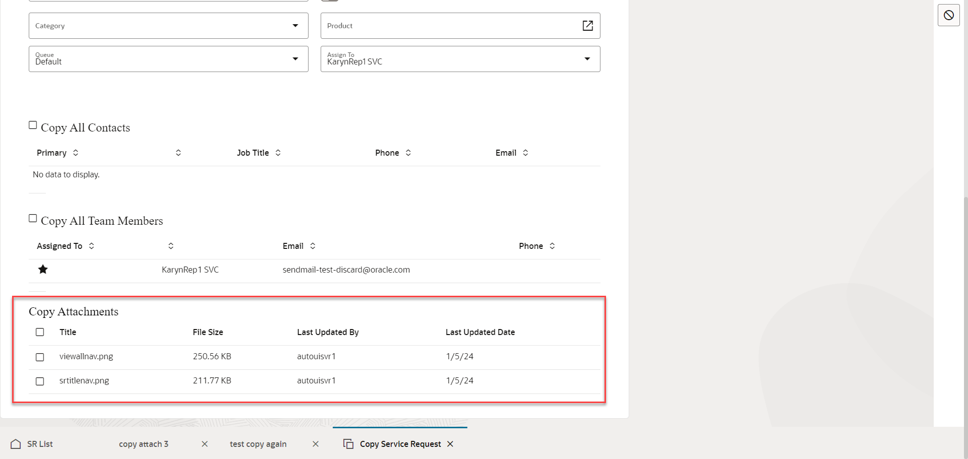Image showing where a user can copy attachments when copying a service request