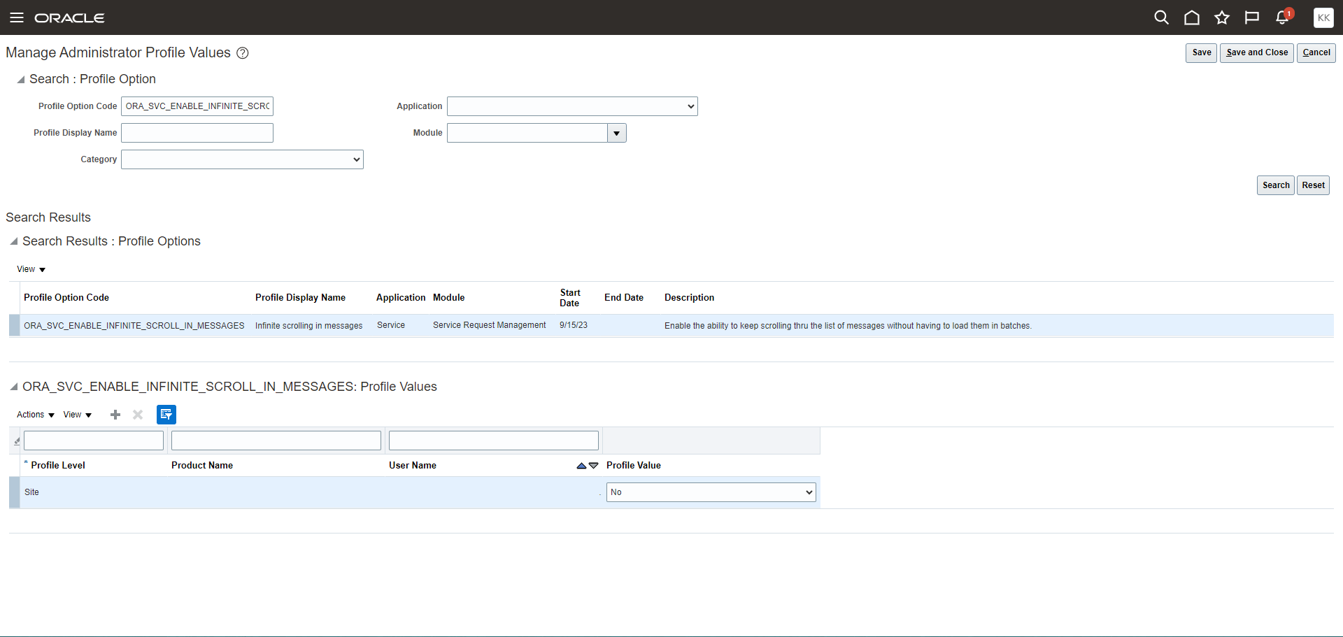 Image showing how to set the Profile Option that controls Infinite Scrolling