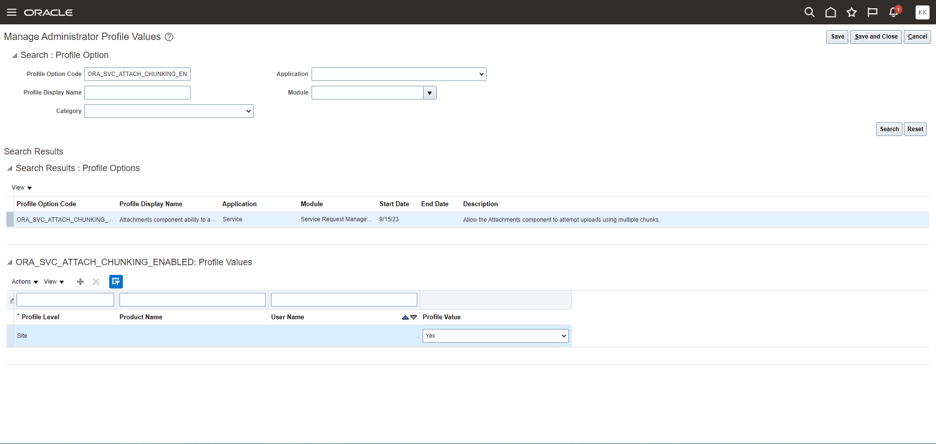 Image showing how to set the Profile Option that enables chunking of large attachments