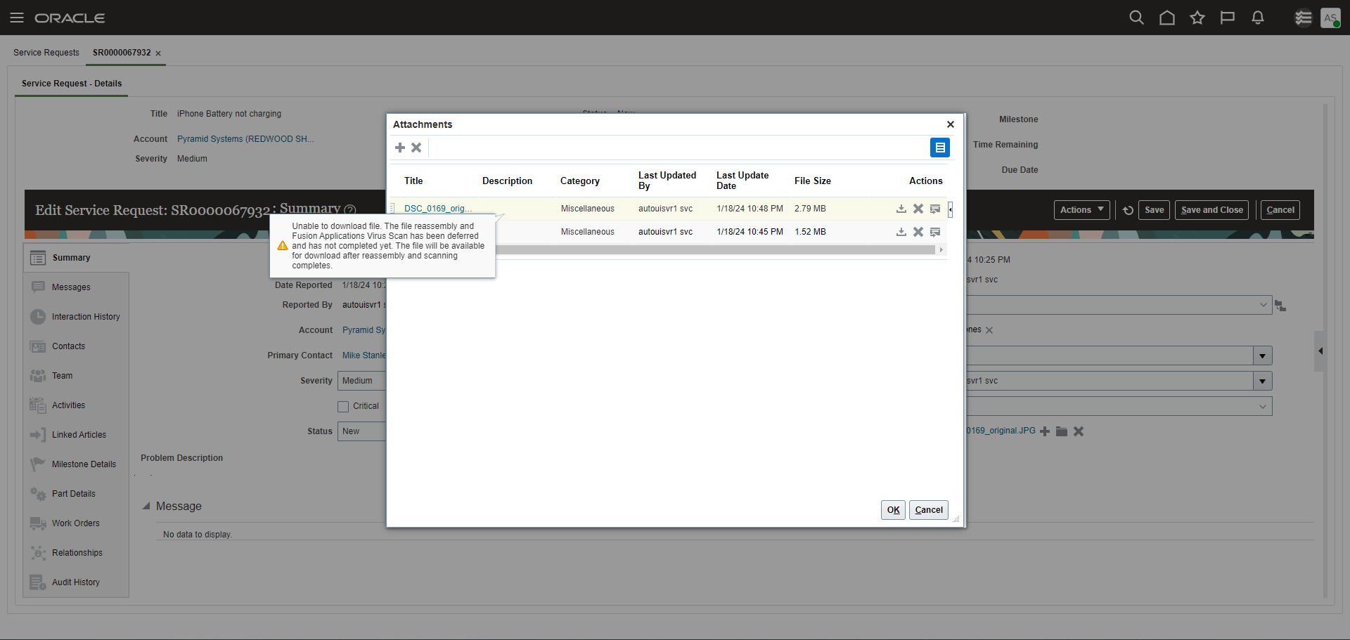 Message returned when Attachment Upload not complete