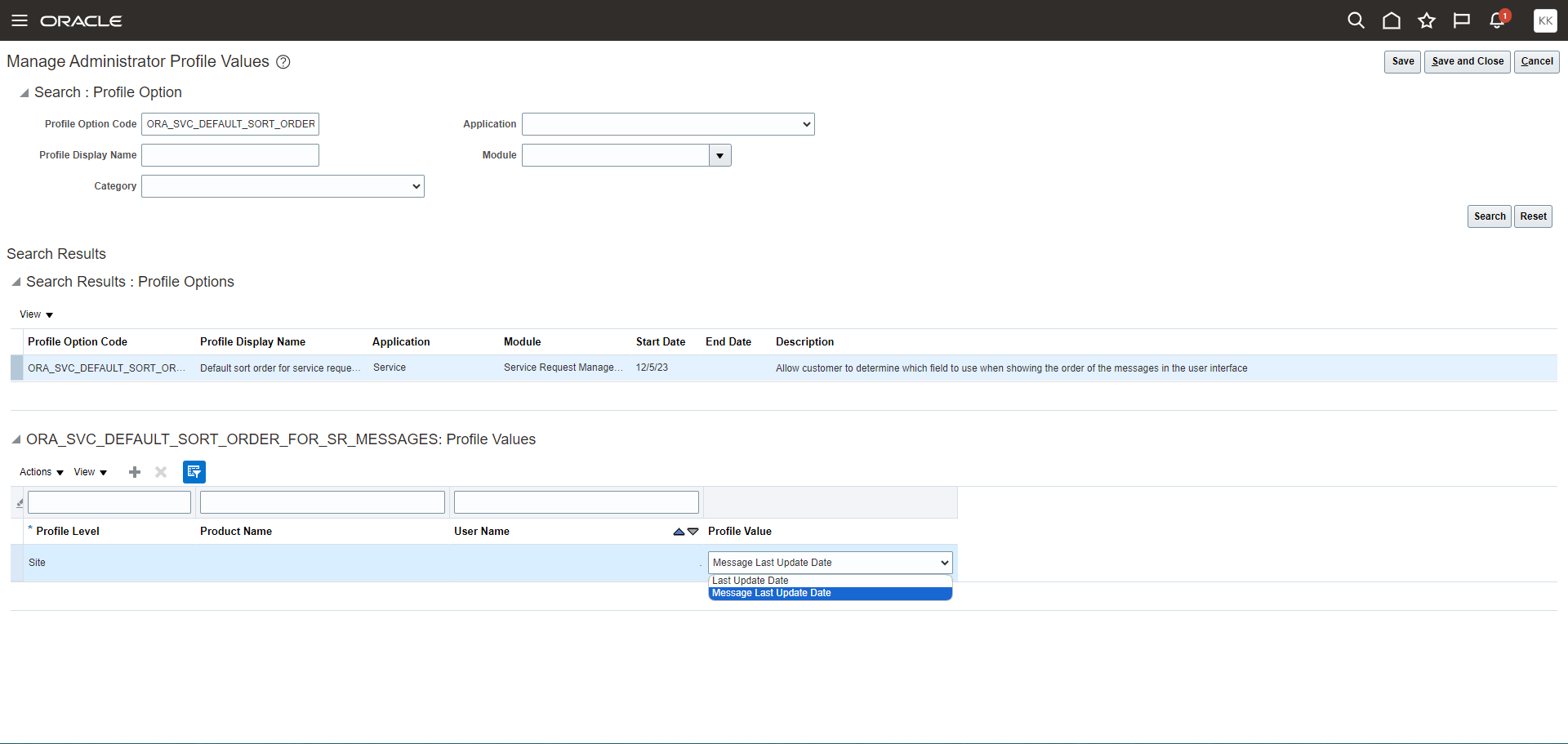 Image showing where to set the Profile Option that controls message sorting 