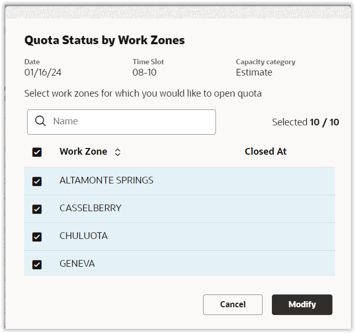 Status by Work Zones Screen