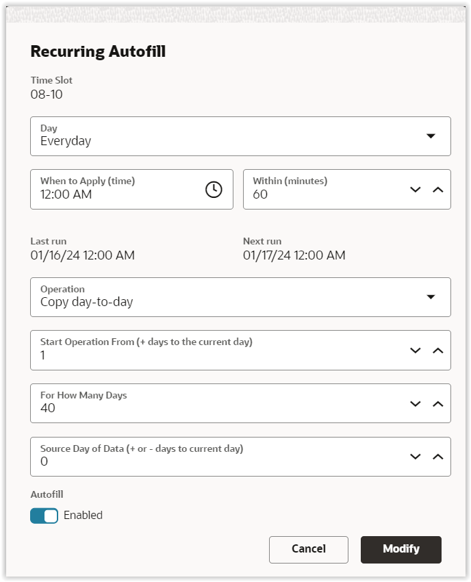 Recurrent Autofill Config