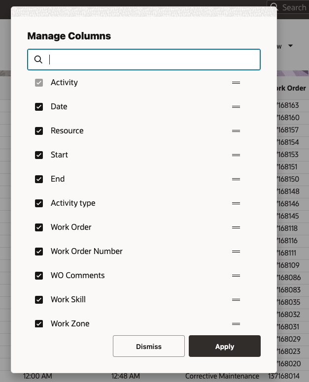 List View Manage Columns