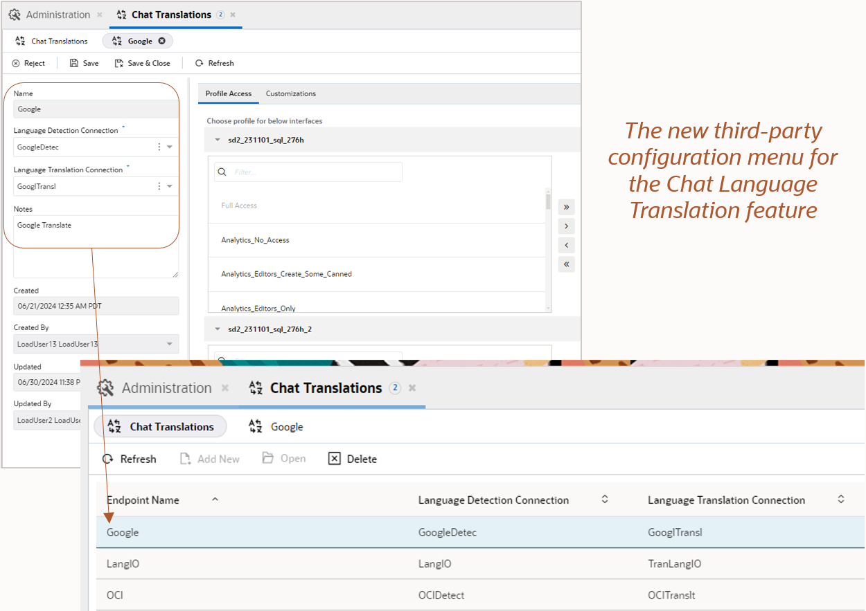 An example of the third-party configuration for the Chat Language Translation feature