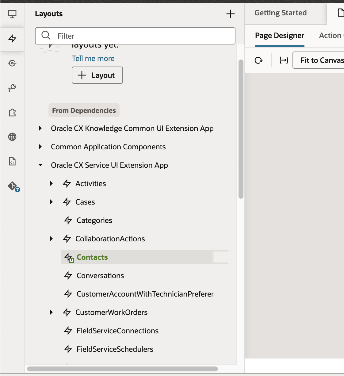 Edit the page under Layouts, then Oracle CX Service UI Extension App, and then Contacts