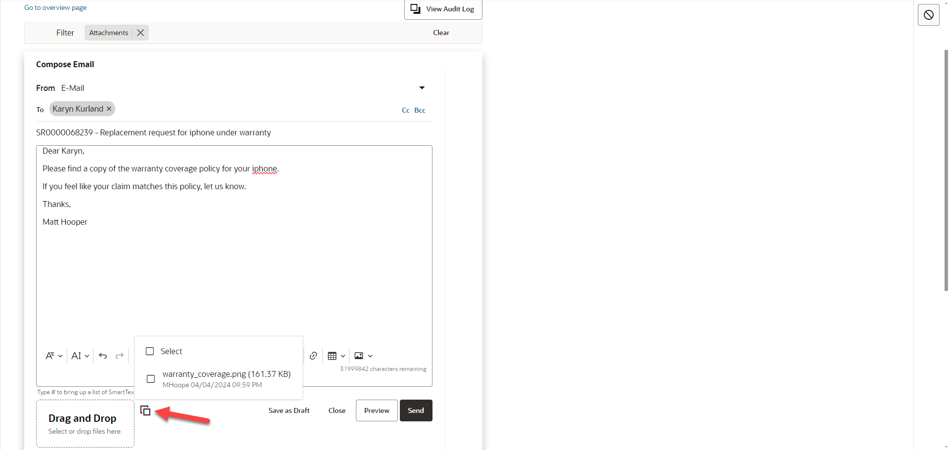 Attachment icon available from the Compose Message UI