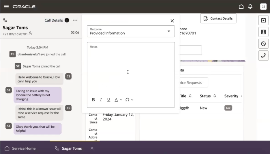 Screenshot of a Call Transcript in Service Center with the Redwood User Experience