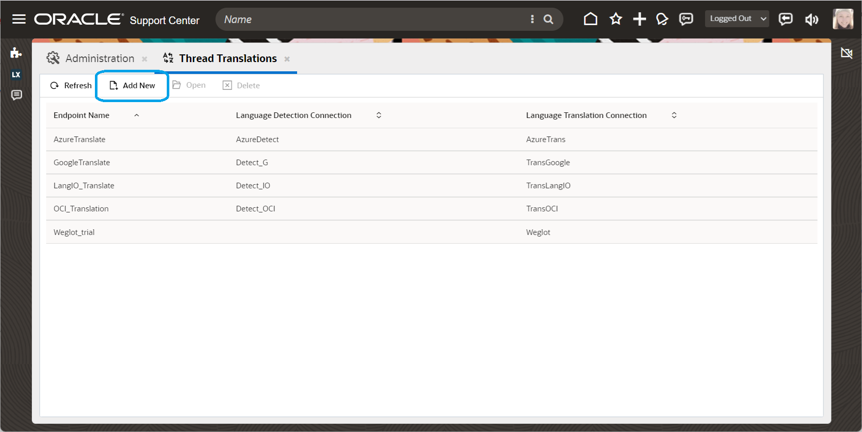 Language Translation Connect List for Thread Translations. Add New or Highlight and Open.