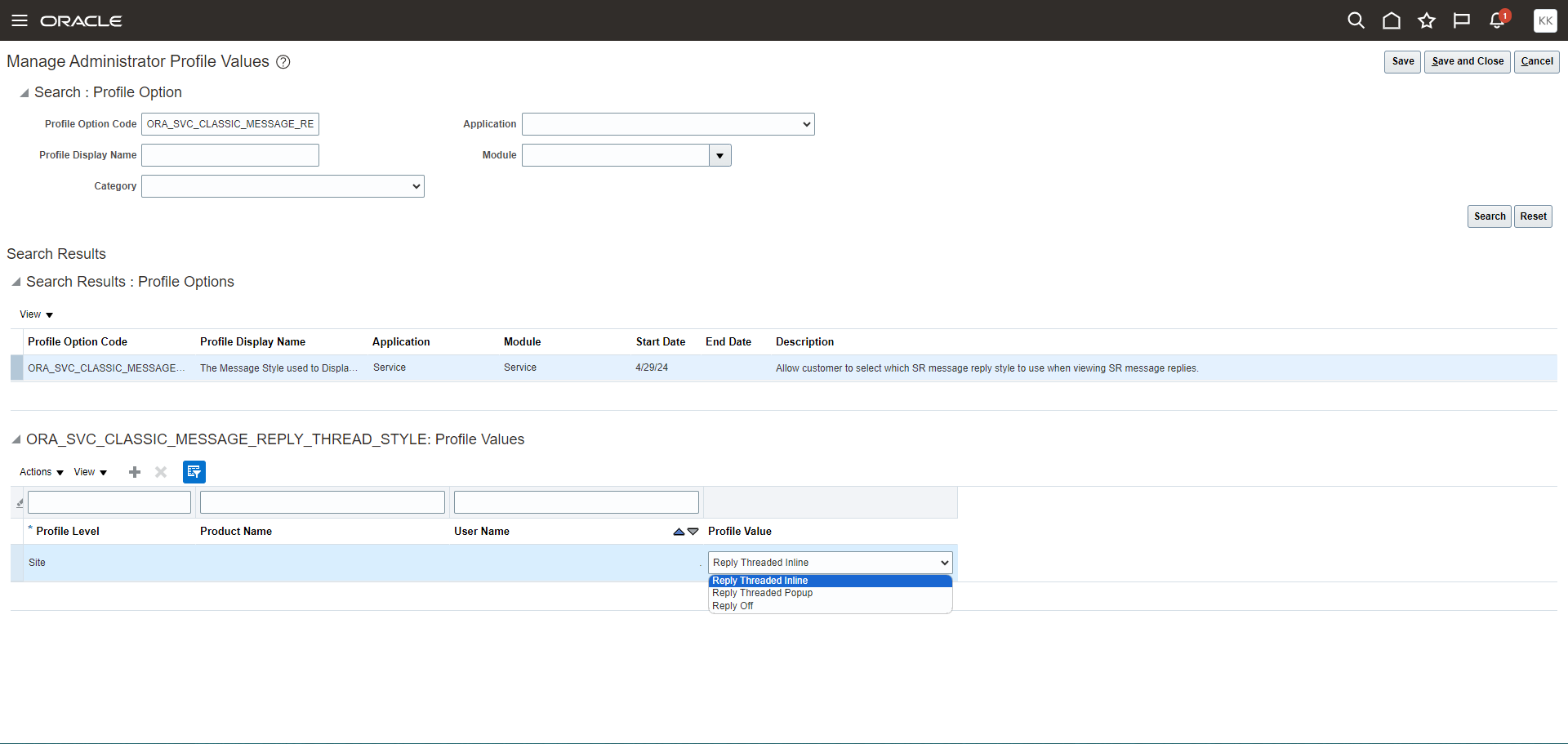 Profile Option and Corresponding Values