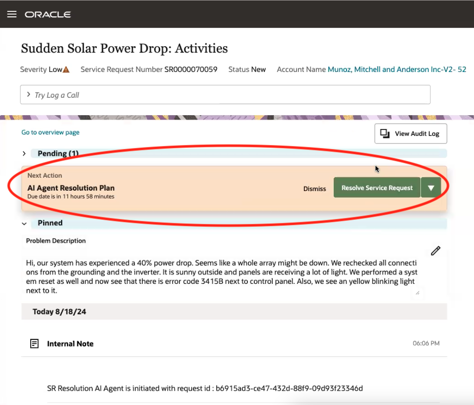 Image displaying recommended action for the service rep to take