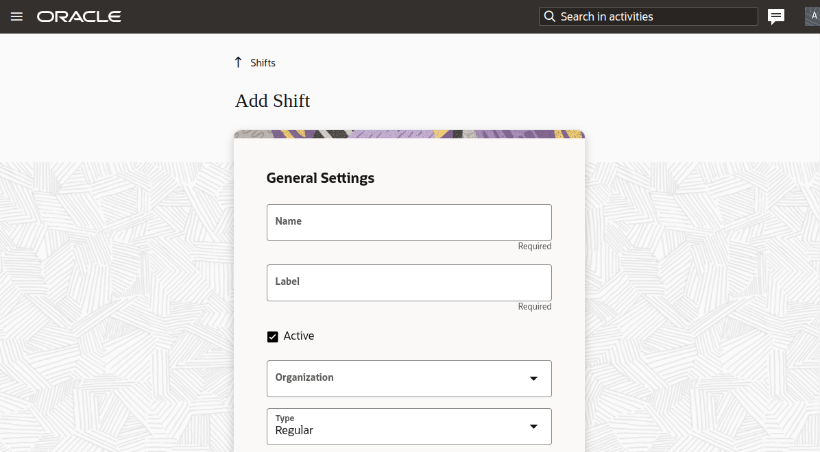 This screenshot shows the Add Shift page that includes the Organization field.