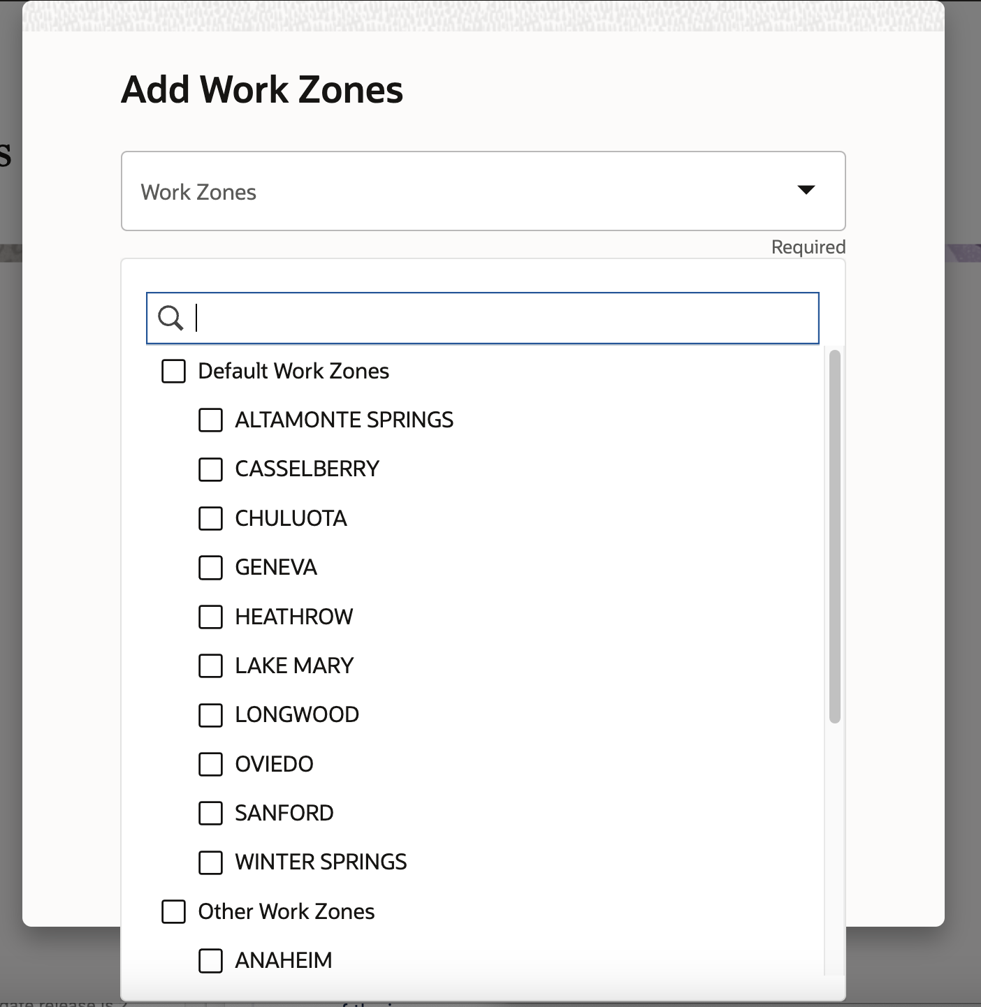 This screenshot shows the Add Work Zones page that shows the list of work zones available for selection.