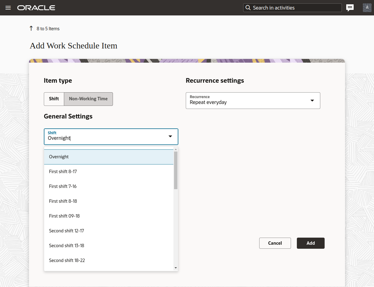 This screenshot shows the Add Work Schedule Item page that includes the Shift field.